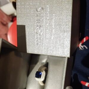 Created SAPPHIRE & CZ PRINCESS HALO RING AUTHENTIC PEOPLES JEWELERS GIFT BOXED